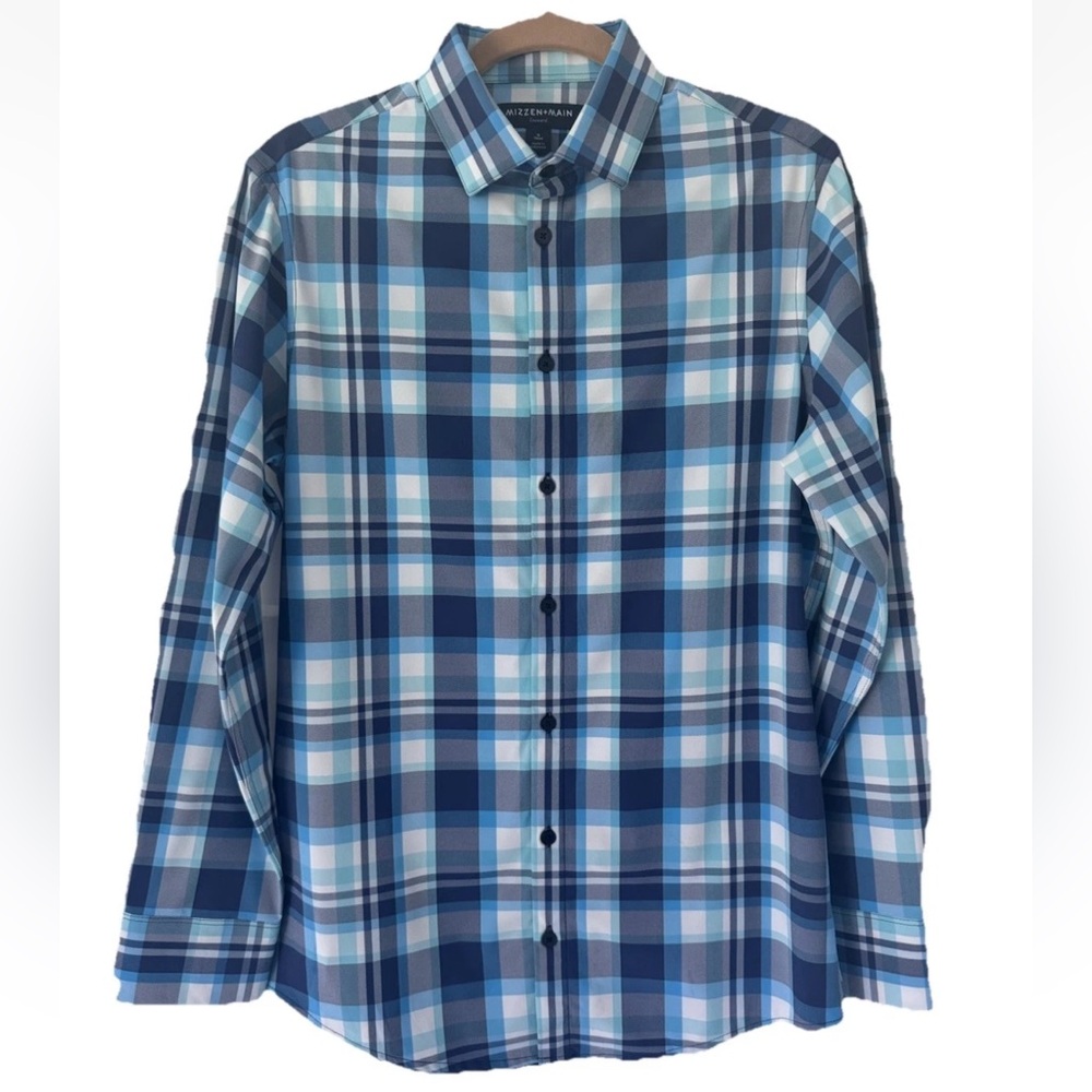 Mizzen + Main Blue Plaid Leeward Small Trim Fit, Long Sleeve Shirt, READ*